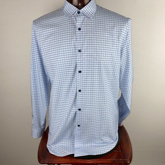 WRK Shirt Mens Blue Tan Check Print Lightweight Professional Job Work Preppy 17